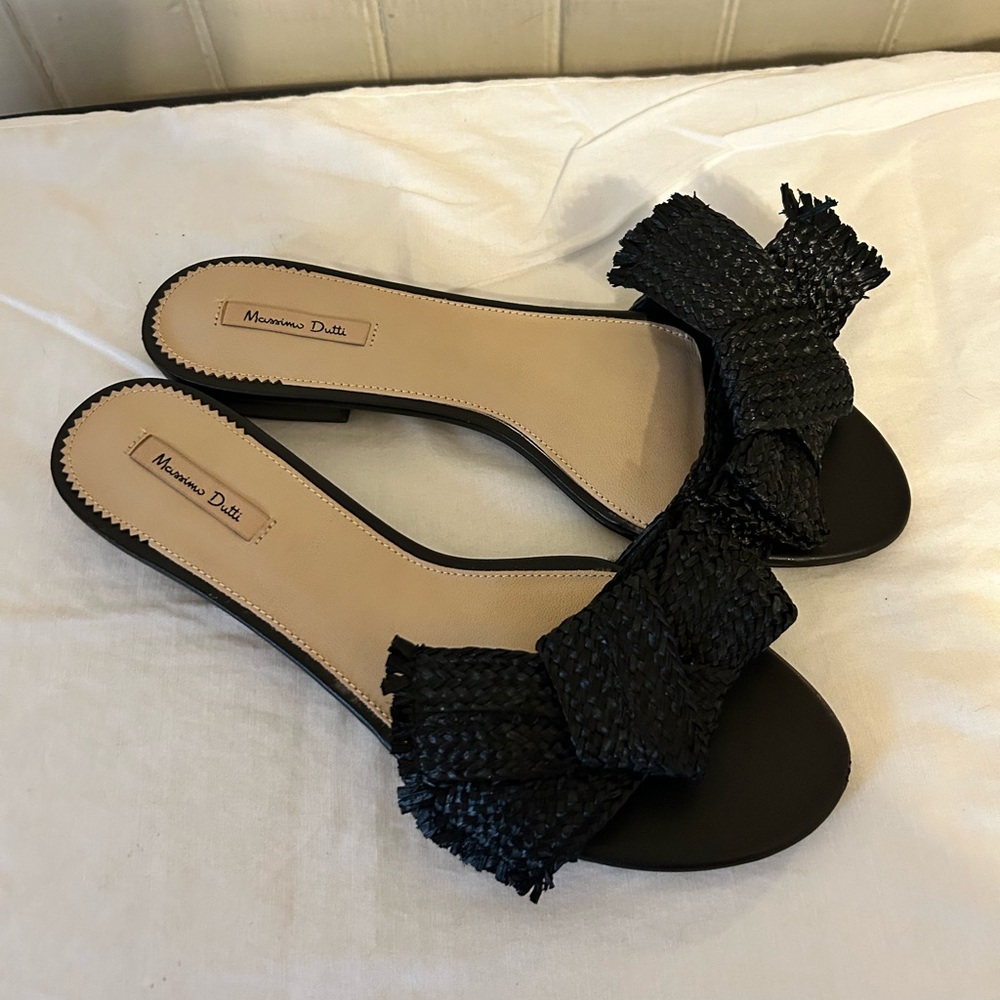 Massimo Dutti Black Raffia Bow Leather Slide Sandals-Size41 US 9.5